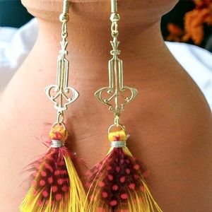 Tassel Feather Earrings Dangle Yellow Red Gold